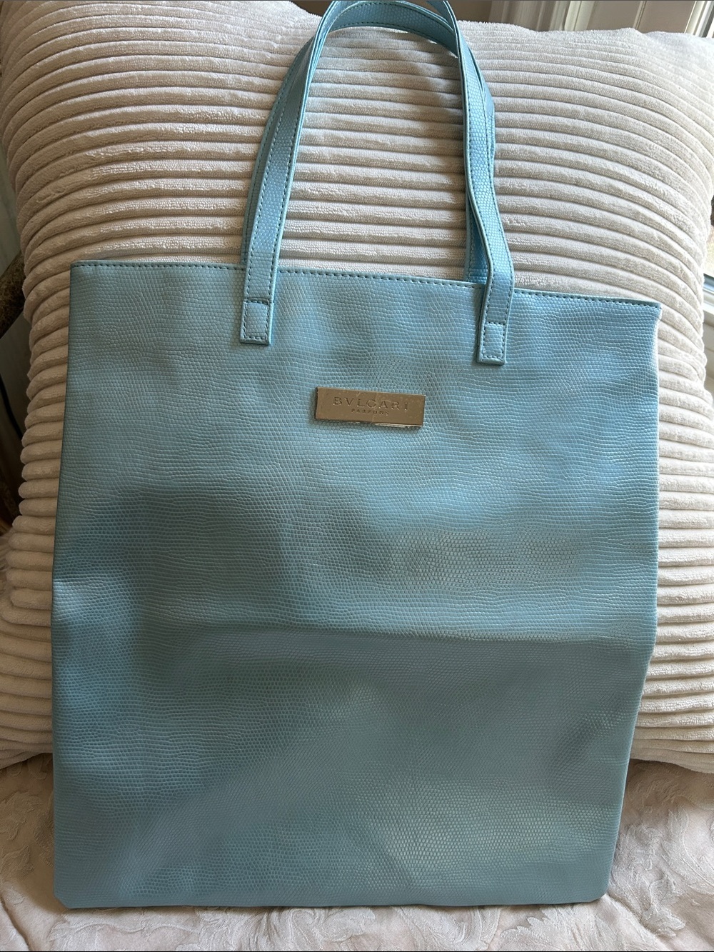 Bvlgari Parfums Pale Blue Faux Leather Tote with Gold Plaque.